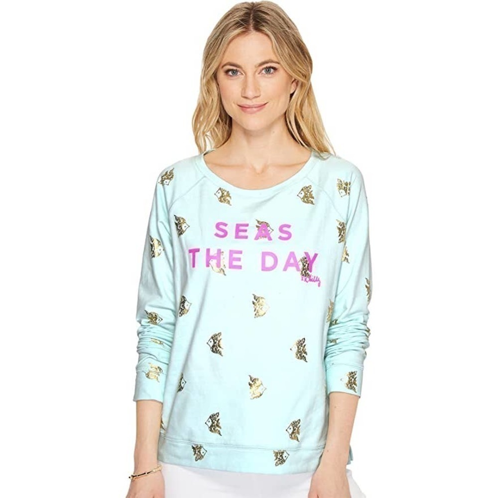 Lilly Pulitzer Braydon Pullover Size XS Pink Sunset Seas The Day Graphic Blue